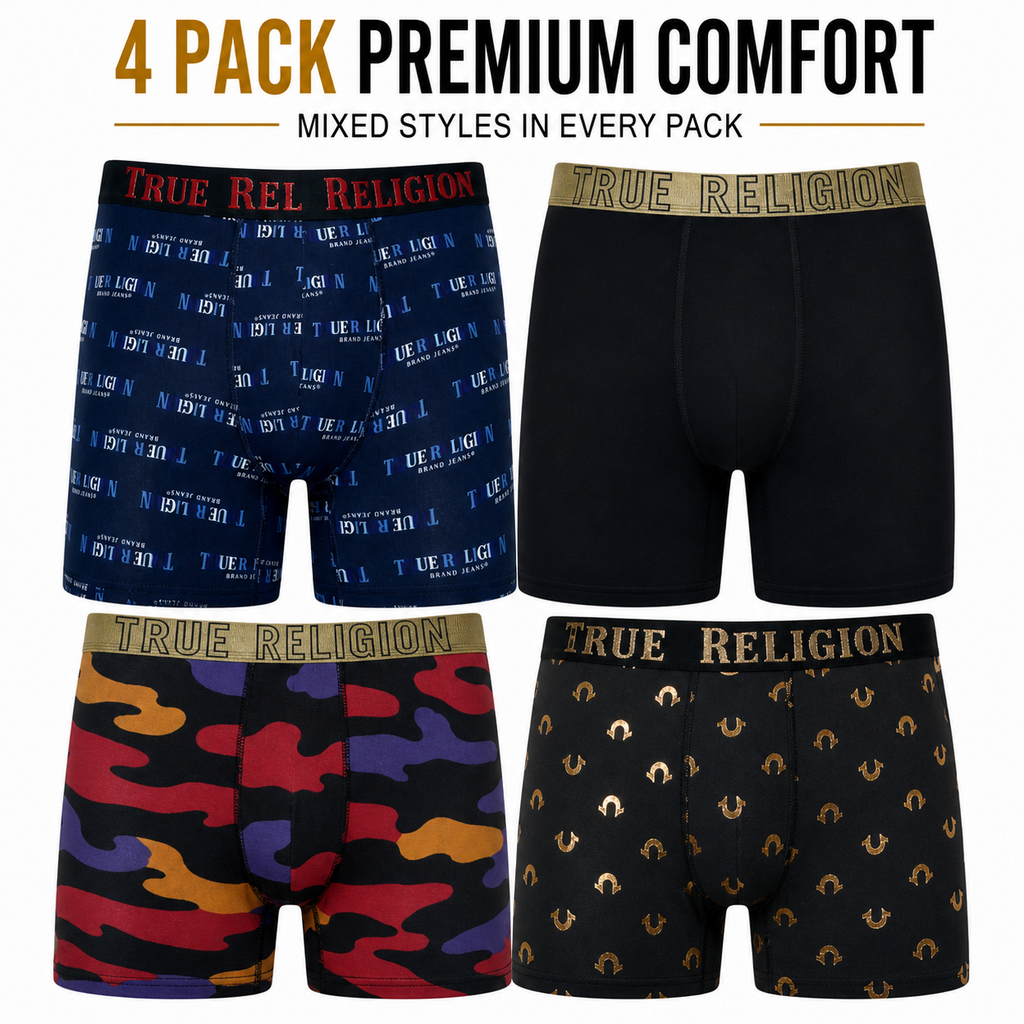 True Religion Mens Boxer Briefs 4 Pack Cotton Stretch Trunks Multipack - QHA UK