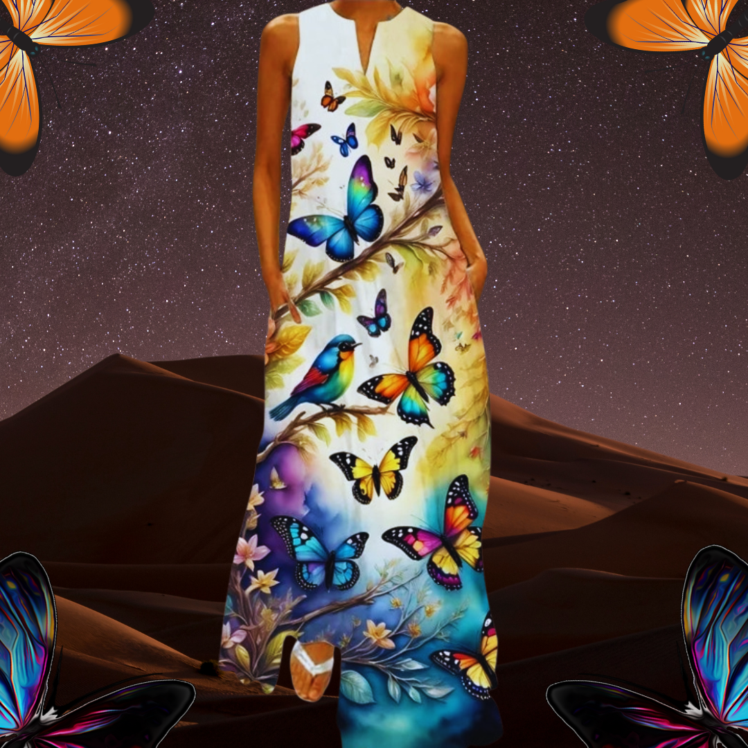 Boho Retro V-Neck Sleeveless Maxi Dress – Artistic Summer Long Dress for Women