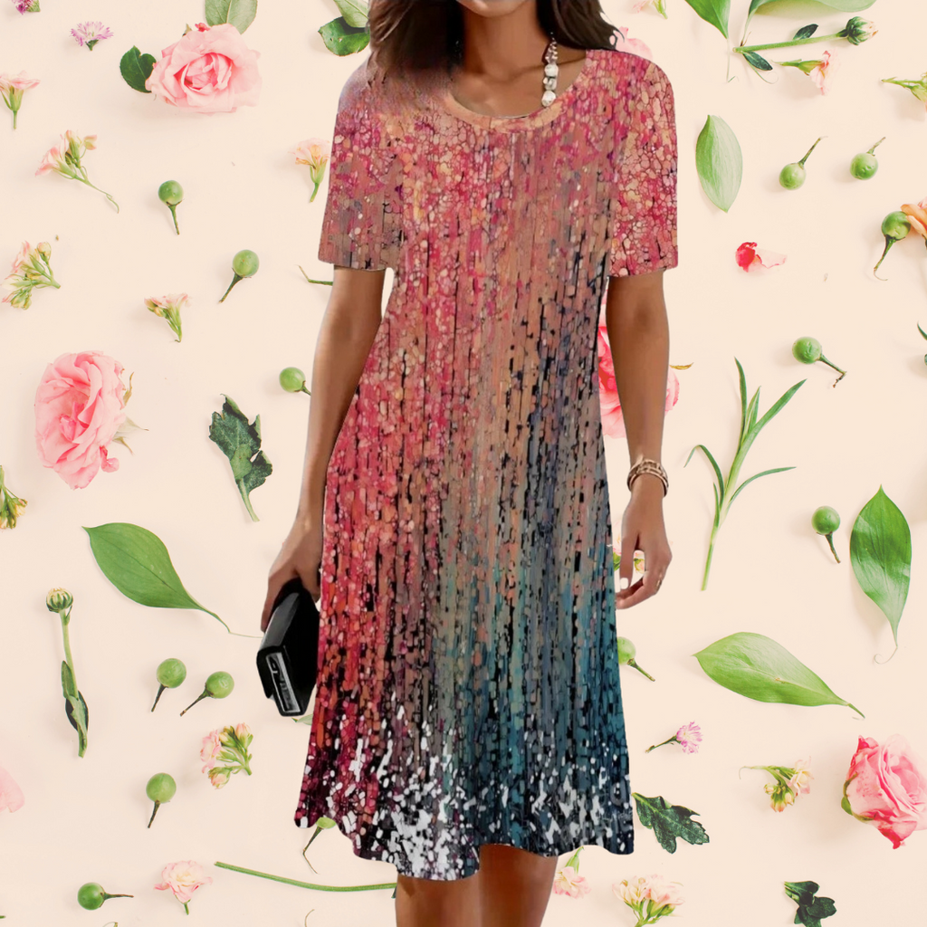 Boho 3D Flower & Feather Print Dress – Women's Loose Fit Summer Mini Dress with Short Sleeves