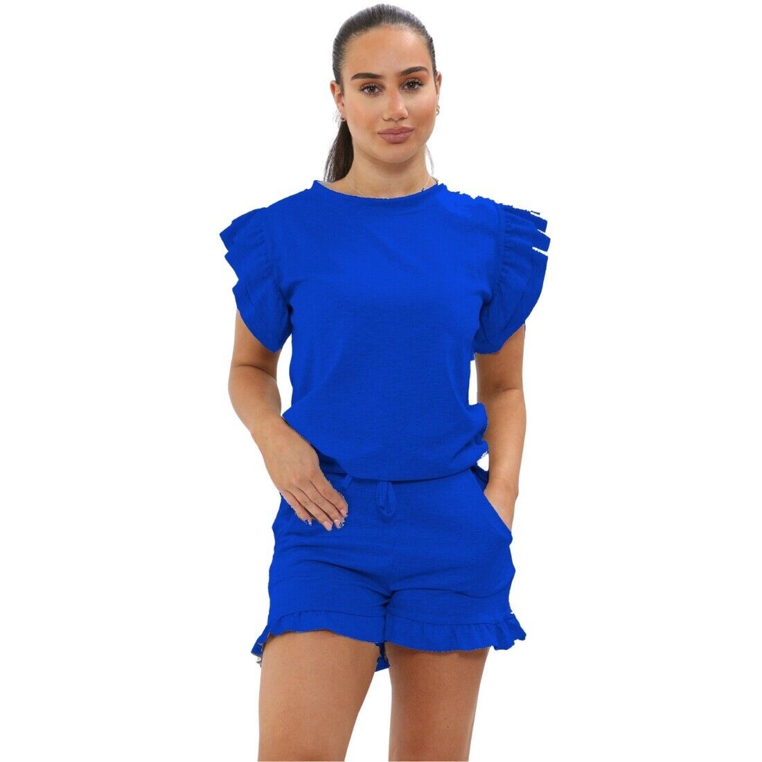 Women's Frill Peplum Sleeve Top & Shorts Set – 2-Piece Casual Tracksuit Outfit