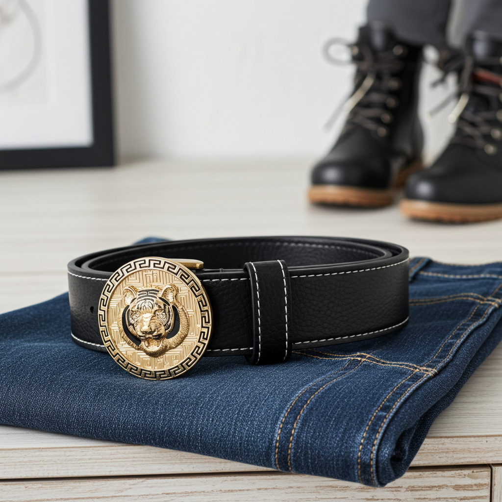 QHA Mens 38mm Leather Belt for Jeans, Tiger Head Statement Buckle Q36