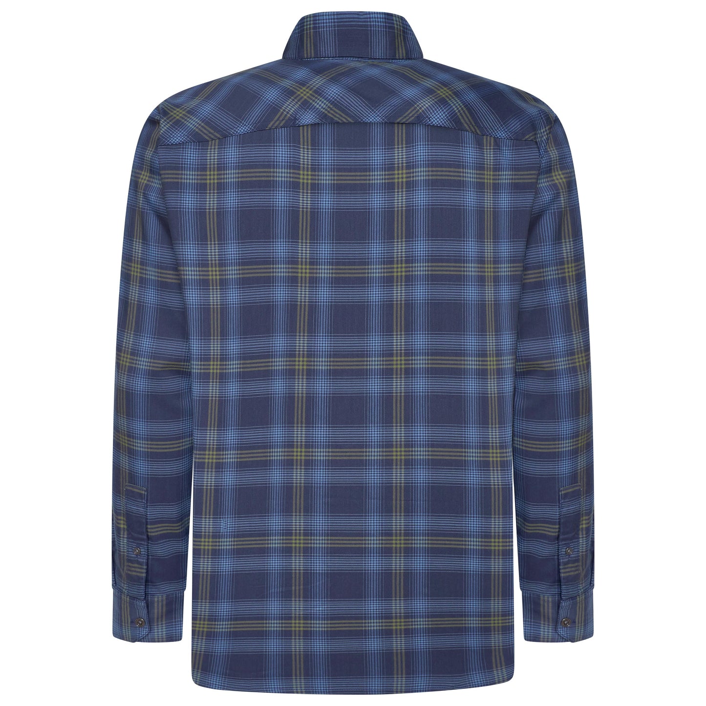A long-sleeve plaid button-down shirt shown from the back, featuring a blue base with yellow and white intersecting plaid lines.