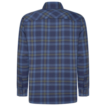 A long-sleeve plaid button-down shirt shown from the back, featuring a blue base with yellow and white intersecting plaid lines.
