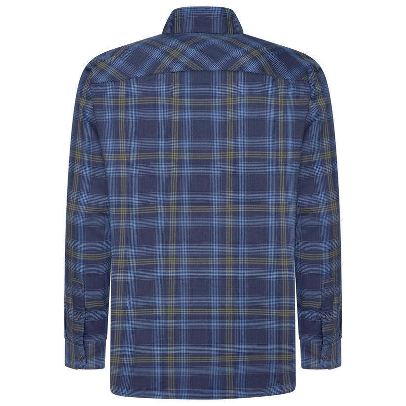 A long-sleeve plaid button-down shirt shown from the back, featuring a blue base with yellow and white intersecting plaid lines.
