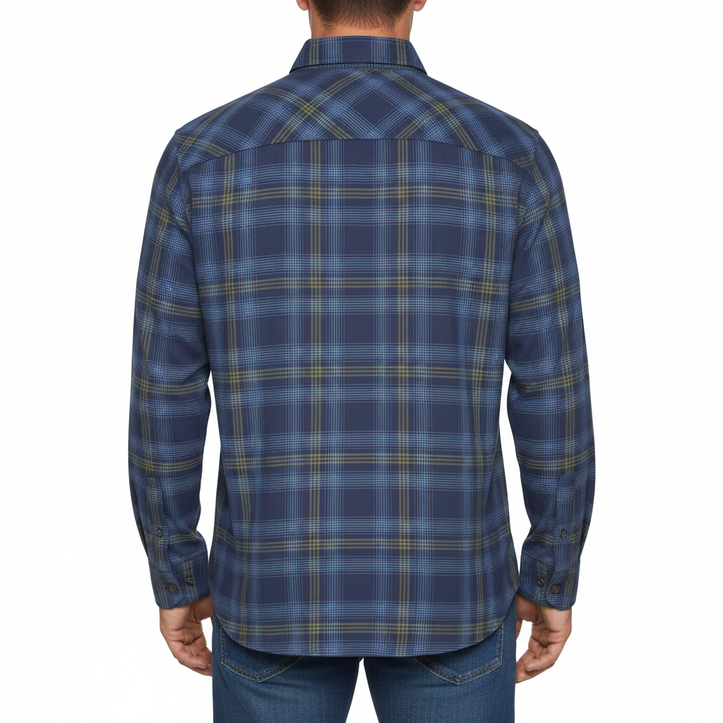 A long-sleeve plaid button-down shirt shown from the back, featuring a blue base with yellow and white intersecting plaid lines.