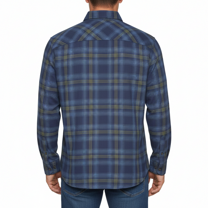 A long-sleeve plaid button-down shirt shown from the back, featuring a blue base with yellow and white intersecting plaid lines.