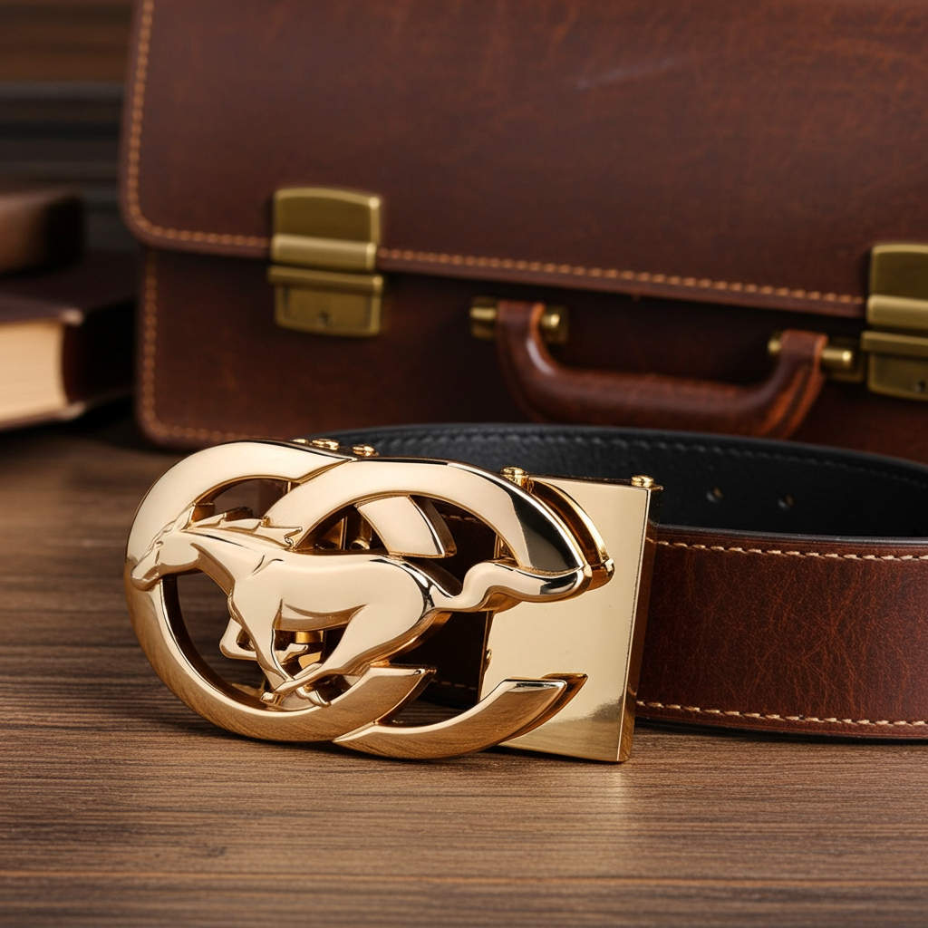 QHA Men's 35mm Leather Ratchet Belt with Running Horse Automatic Buckle Q27