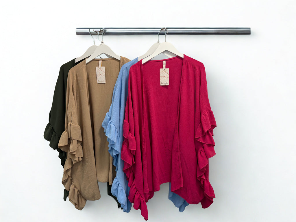 Women’s Ruffle Sleeve Kimono Cardigan | Lightweight Layering Jacket | One Size Fits 8–24/26