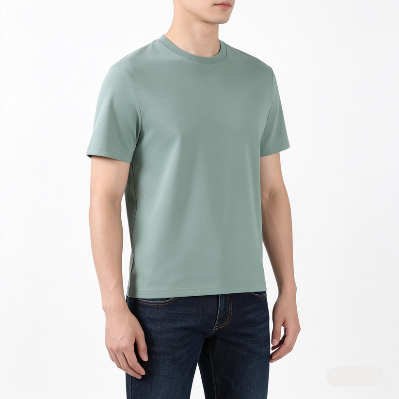 Person wearing a light green t-shirt and dark jeans on a white background