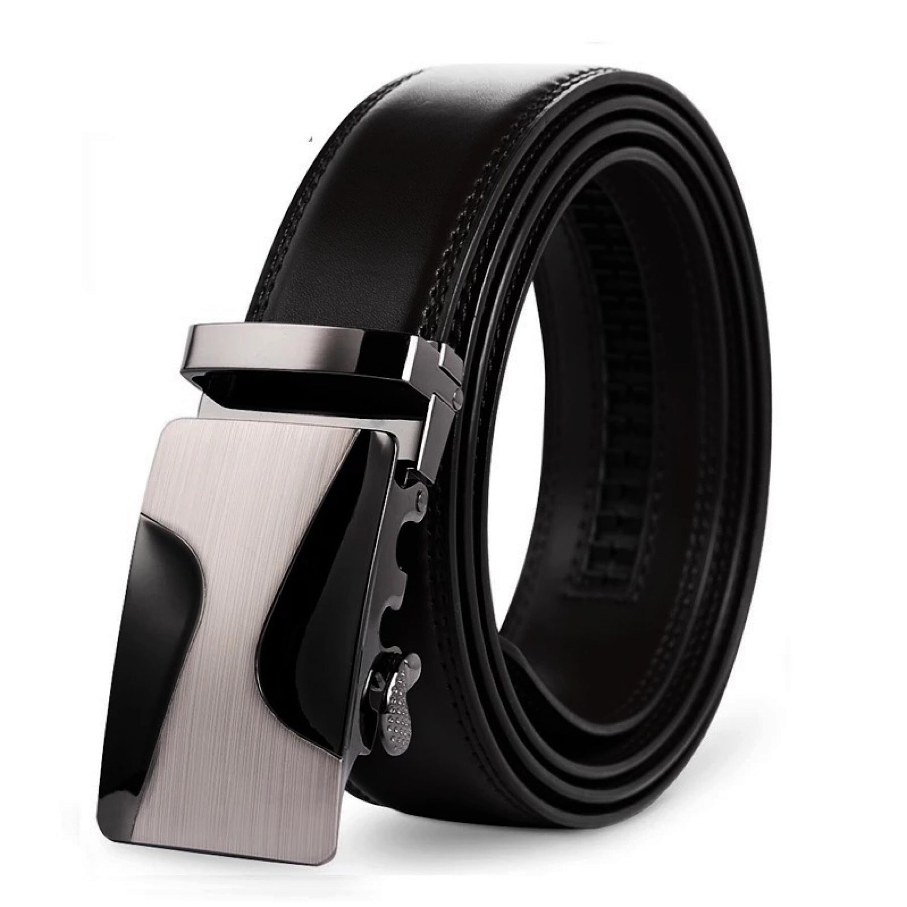 QHA Mens Leather Belt Ratchet Automatic Buckle Q58 Black