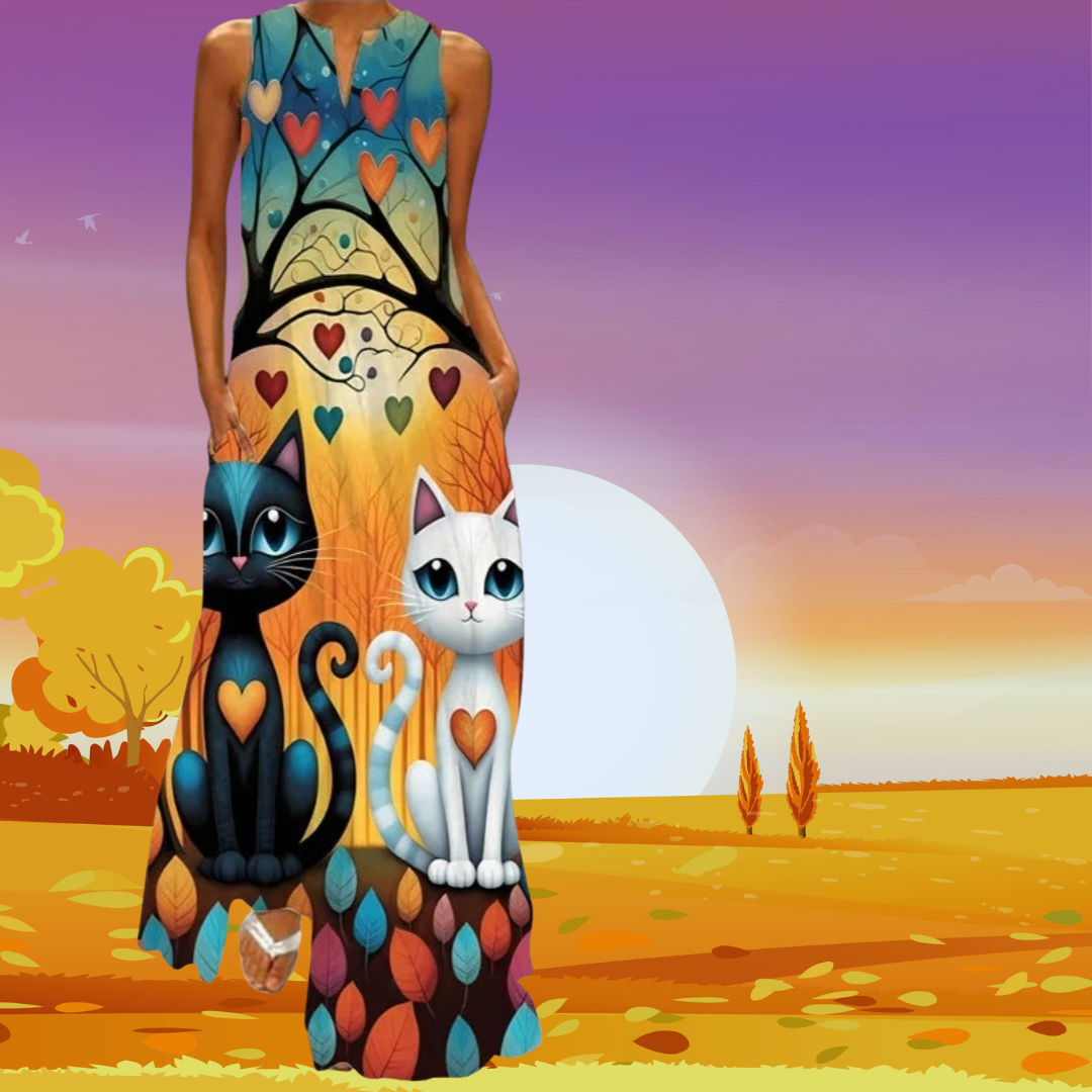 Boho Retro V-Neck Sleeveless Maxi Dress – Artistic Summer Long Dress for Women