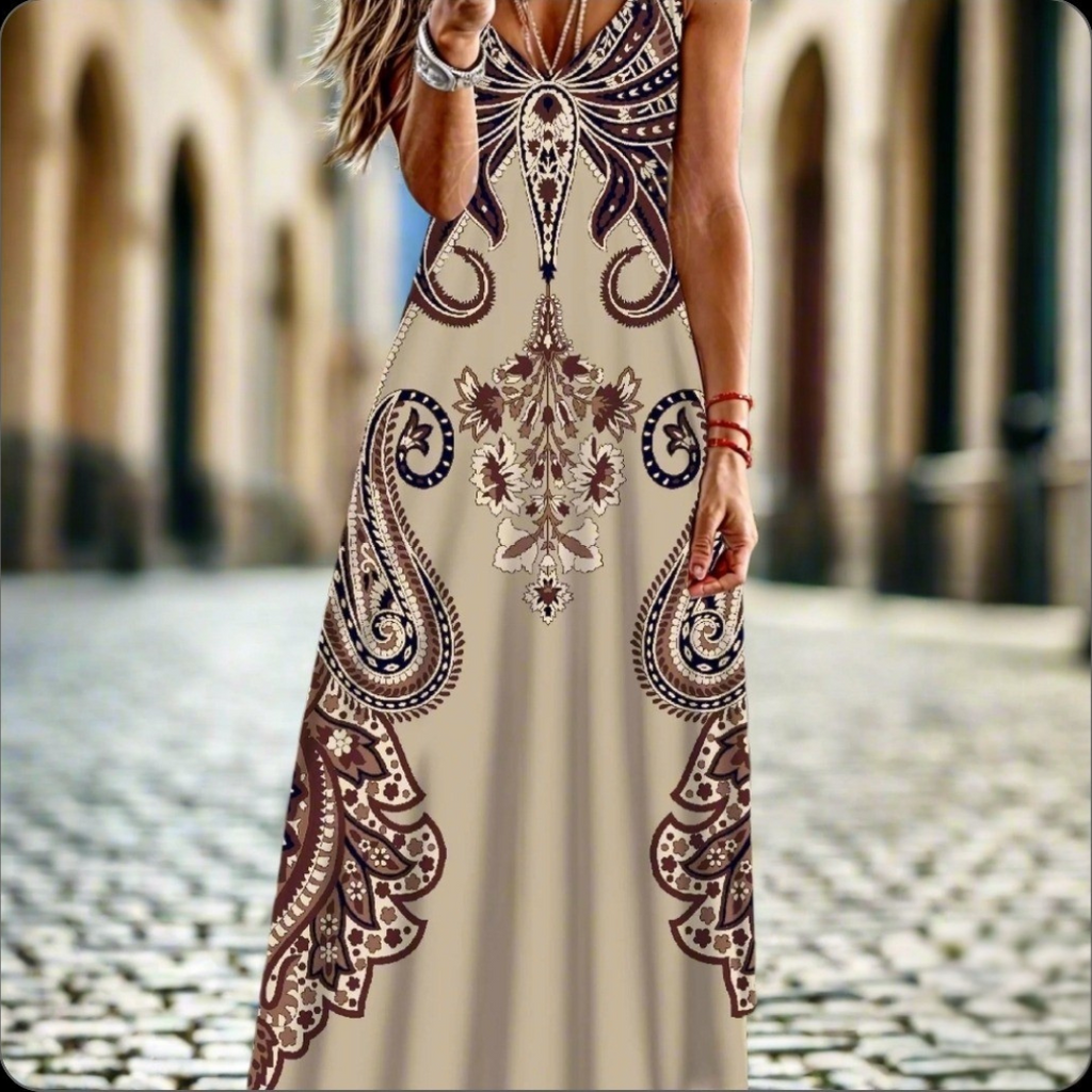 Women's Bohemian Marble Print Maxi Dresses – Sleeveless Loose A-Line Beach Resort Dresses