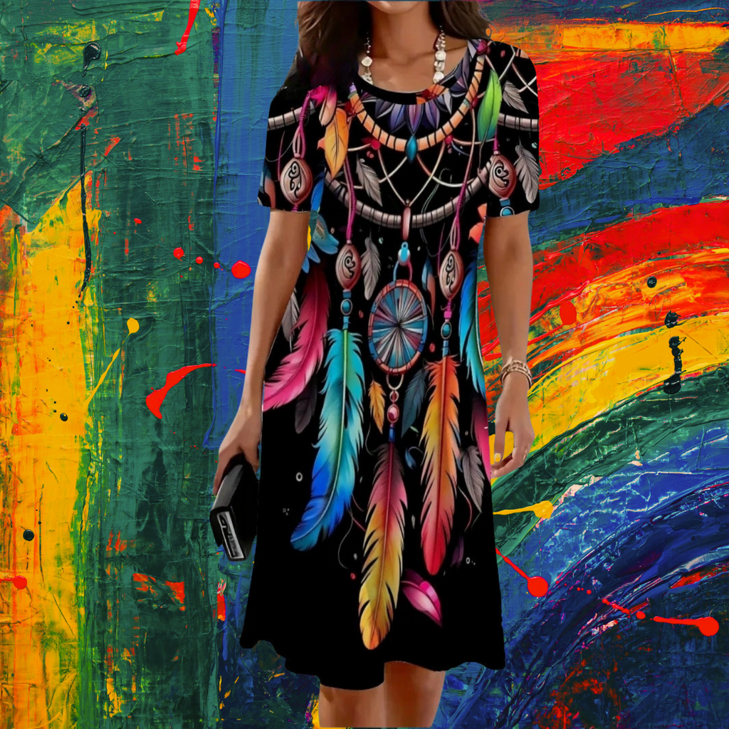 Boho 3D Flower & Feather Print Dress – Women's Loose Fit Summer Mini Dress with Short Sleeves