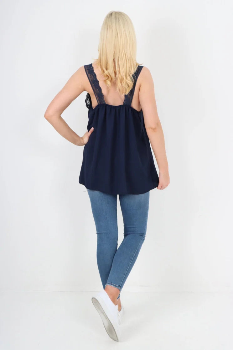 Italian V Neck Lace Detail Vest Top | One Size Fits 8–18 UK