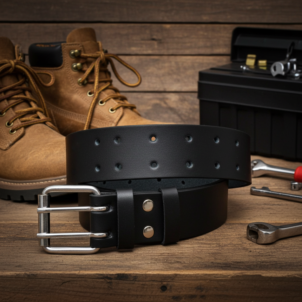 QHA Mens Real Leather Belt for Jeans with Double Pin Buckle Full Grain Cowhide Q17