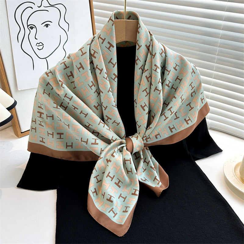 Women's Premium Twill Silk Scarf, Large Printed 90/90cm Striped Square Scarf