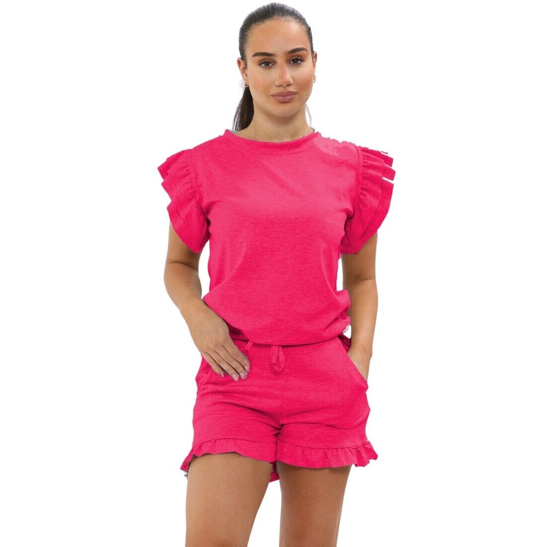 Women's Frill Peplum Sleeve Top & Shorts Set – 2-Piece Casual Tracksuit Outfit