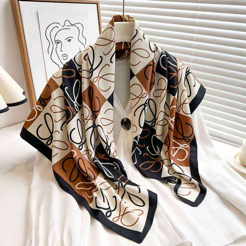 Women's Premium Twill Silk Scarf, Large Printed 90/90cm Striped Square Scarf