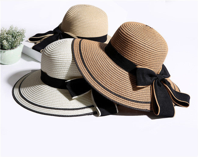 Big Black Panama Bow Foldable Straw Beach Summer Hats For Women