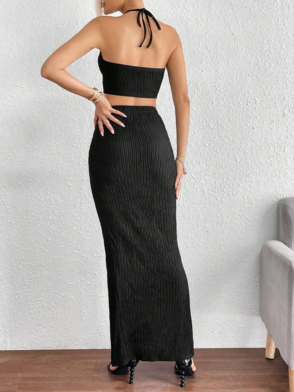 Privé Solid Crop Halter Top & Twist Front Split Thigh Skirt