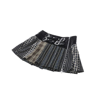 Dark in Love Sage Tartan Patchwork Leather-Waist Pleated Mini Skirt - Size UK 16 Left Only!