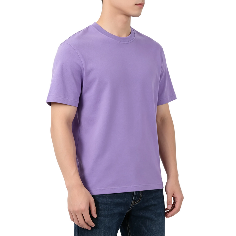 Person wearing a purple t-shirt on a white background