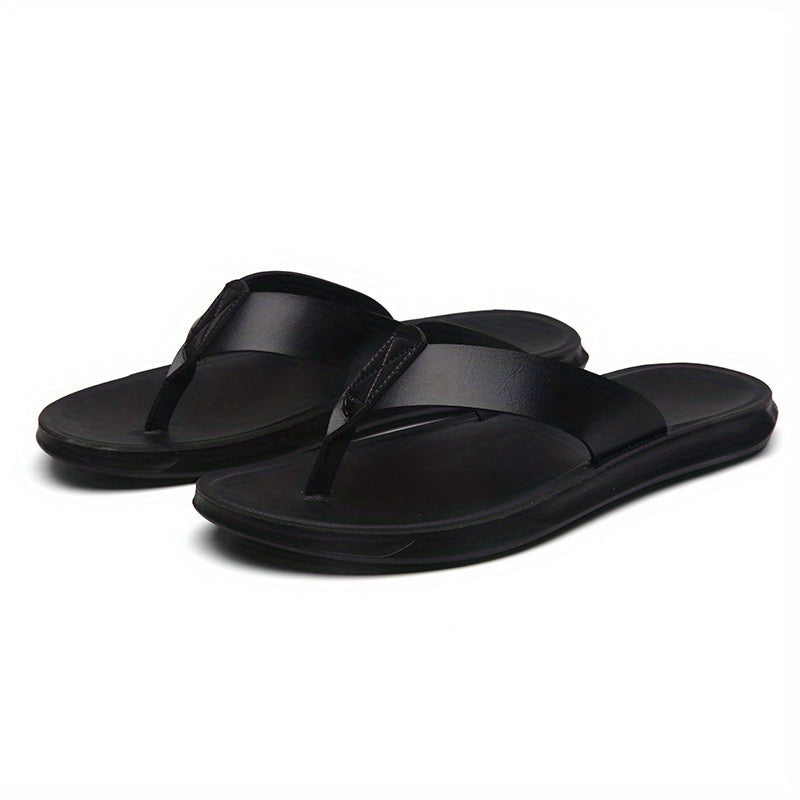 Men's Solid Thong Sandals With Microfiber Leather Uppers, Casual Non Slip Flip-flops Sandal