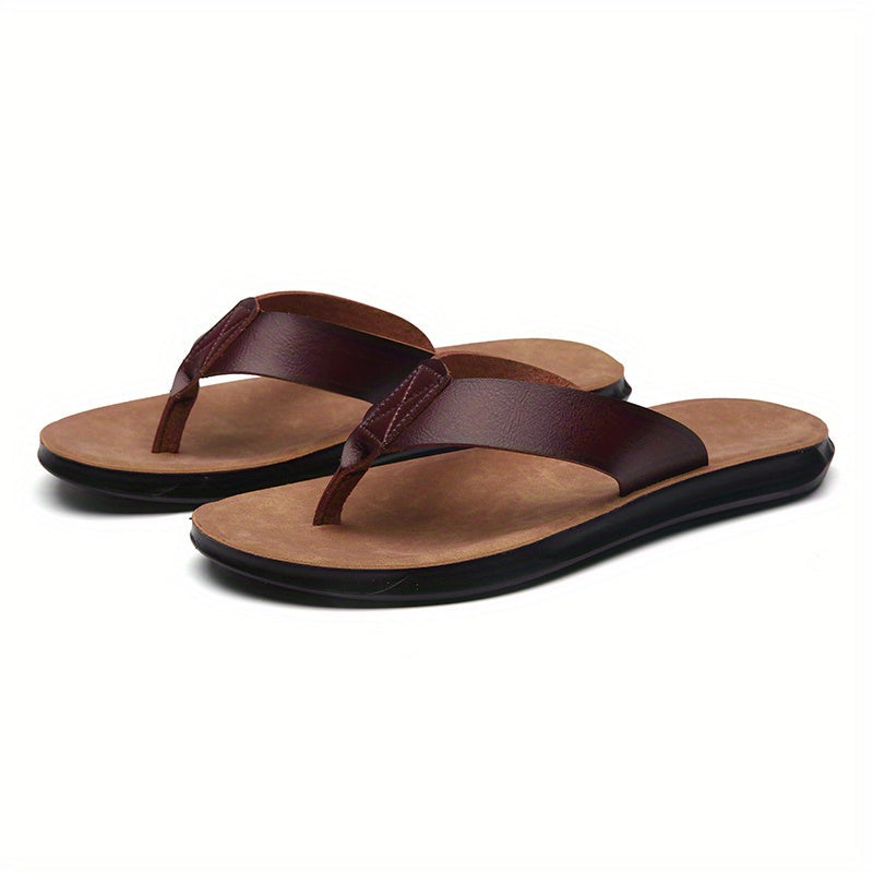 Men's Solid Thong Sandals With Microfiber Leather Uppers, Casual Non Slip Flip-flops Sandal