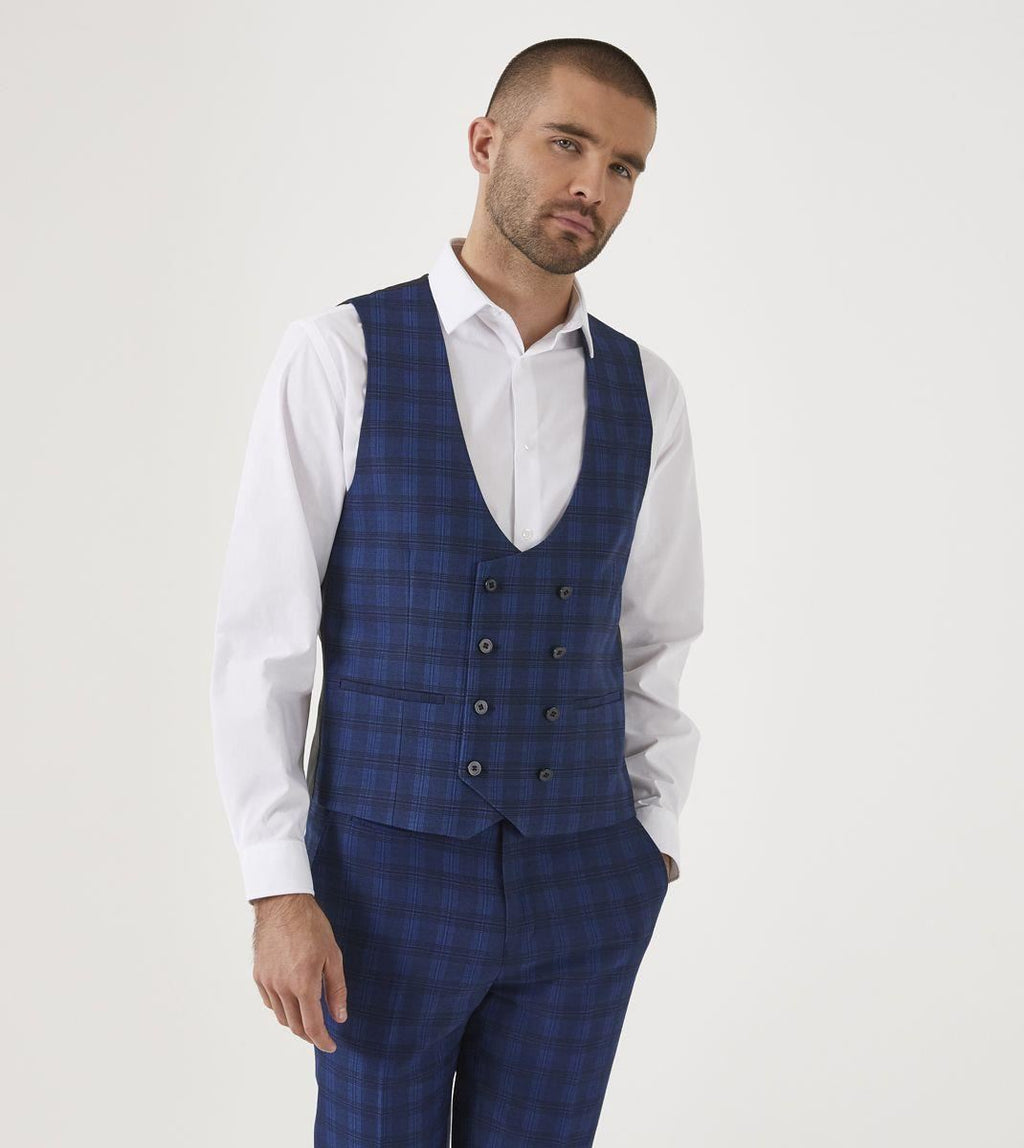 Skopes Men's Felix Check DB Waist Coat in Blue 36 to 48 Regular