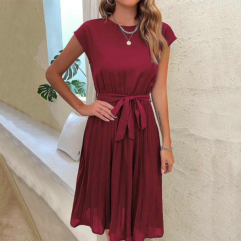 Summer Pleated Short-sleeved Dress INS Fashion Waist-tied Beach Dresse Women's Clothing