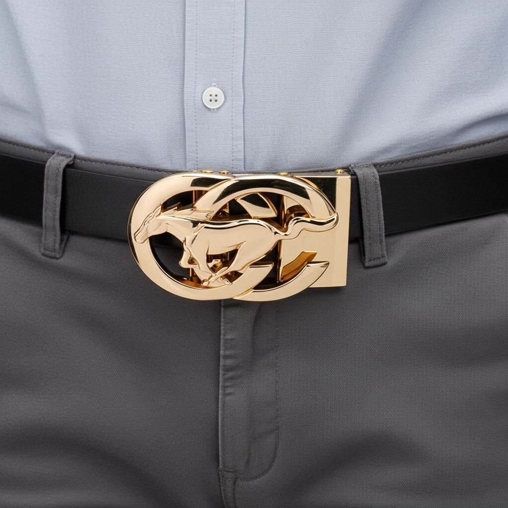 QHA Men's Ratchet Leather Belt – Running Horse Buckle, Holeless 35mm Q27