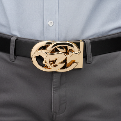 QHA Men's Ratchet Leather Belt – Running Horse Buckle, Holeless 35mm Q27