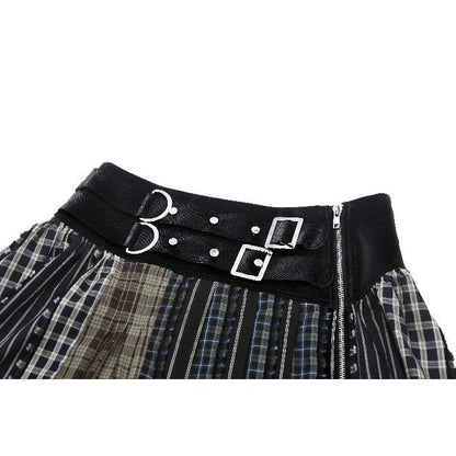 Dark in Love Sage Tartan Patchwork Leather-Waist Pleated Mini Skirt - Size UK 16 Left Only!
