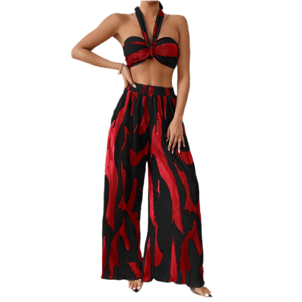Halter Tube Top & Flame Print Wide-Leg Pants Set – Bold Streetwear 2-Piece Outfit