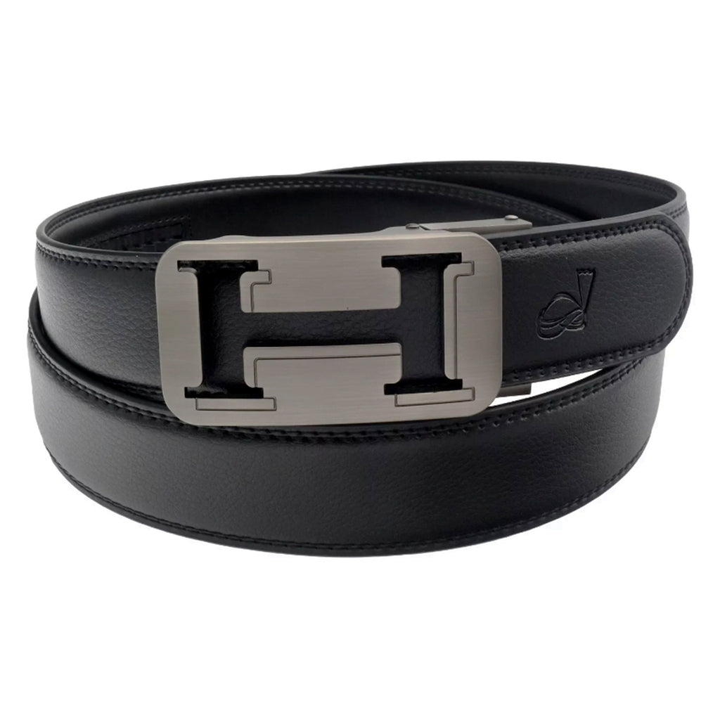 QHA Mens 35mm Ratchet Leather Belt, Geometric Cutout Automatic Buckle Q32