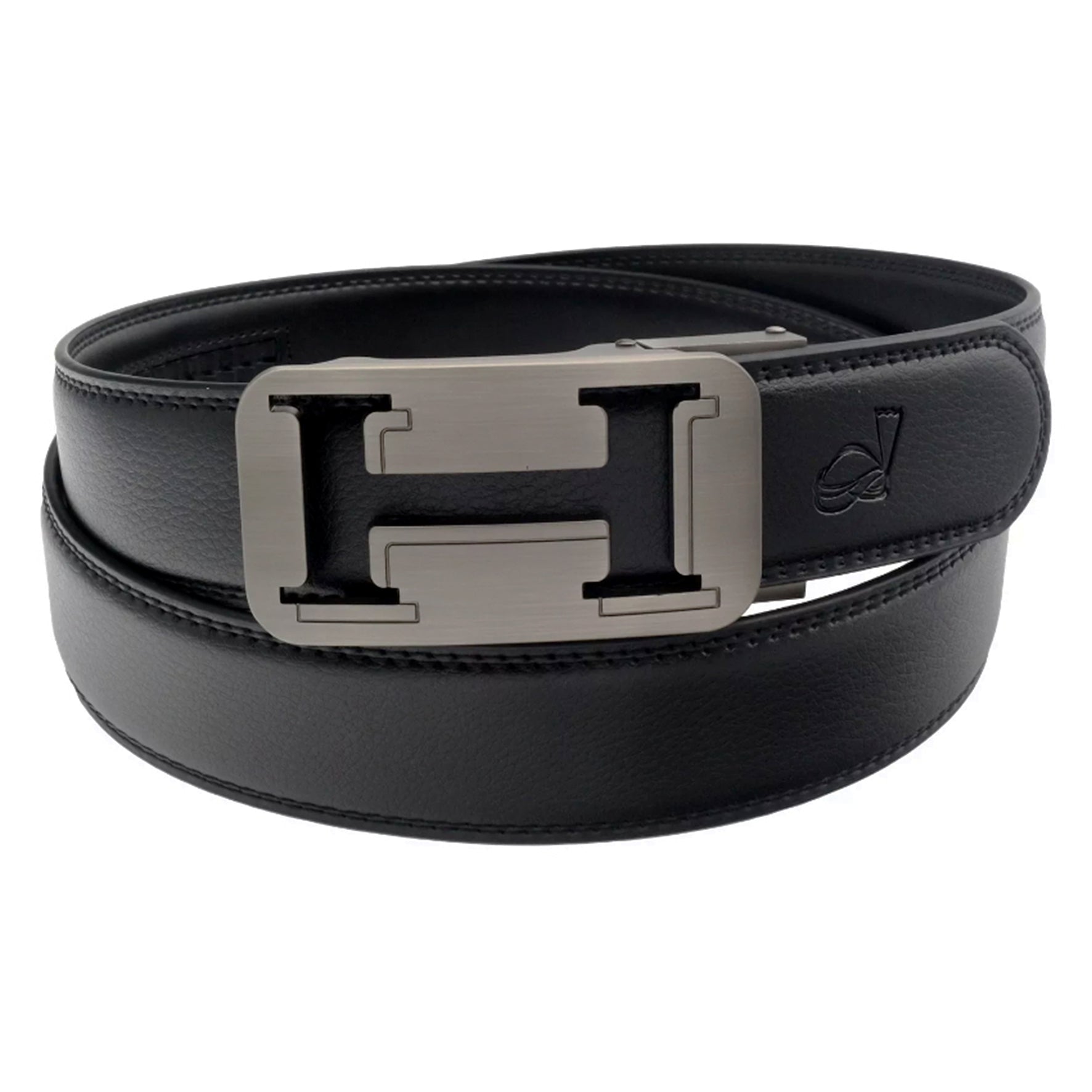 QHA Mens 35mm Ratchet Leather Belt, Geometric Cutout Automatic Buckle Q32