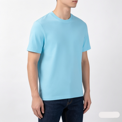 Person wearing a light blue t-shirt on a white background