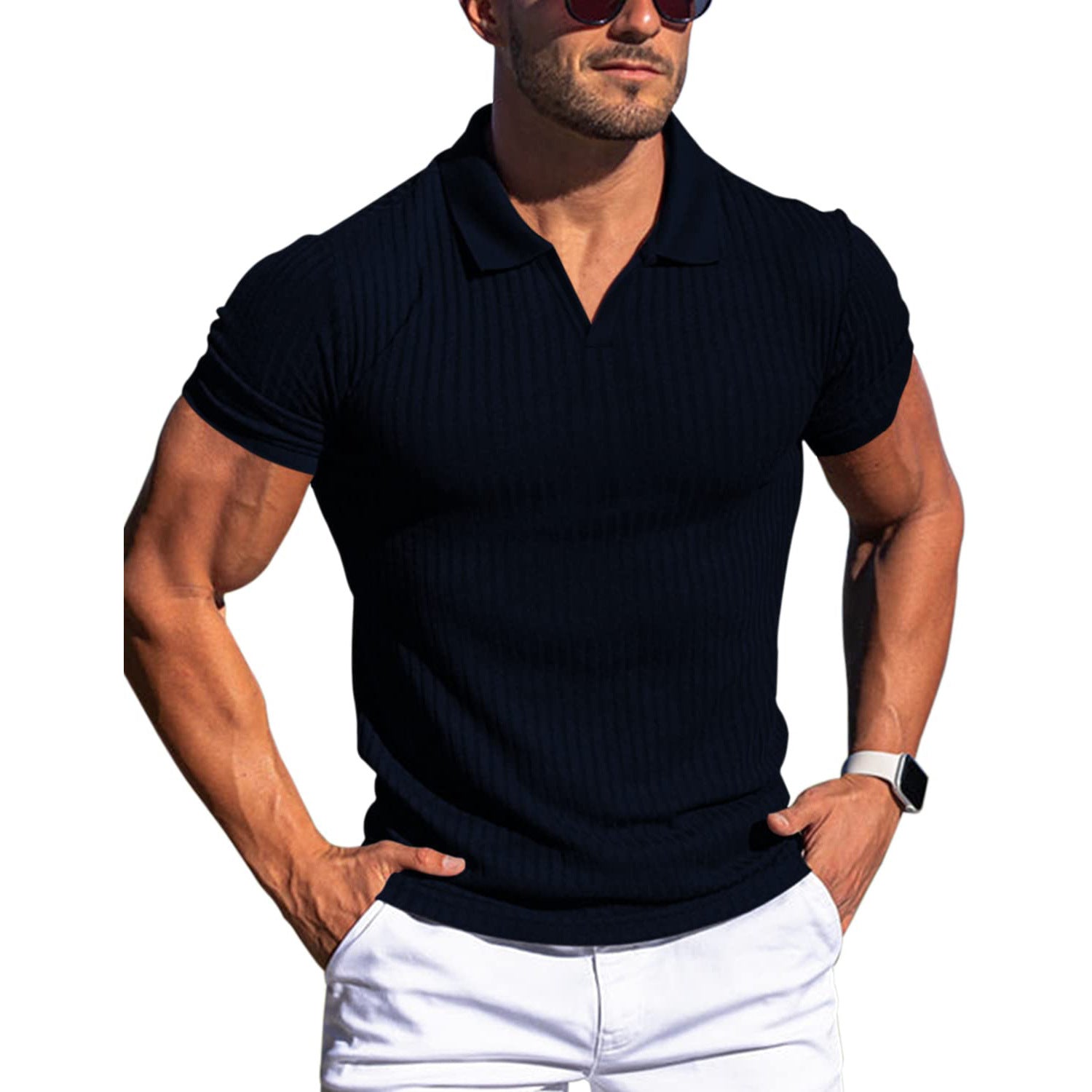 Men’s Vertical Stripe Polo Shirt V-Neck Short Sleeve Lapel Casual T-Shirt