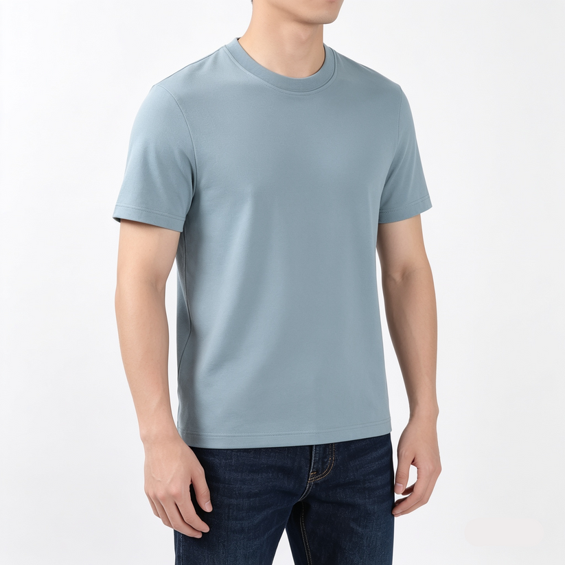 Person wearing a light blue t-shirt and dark jeans on a white background