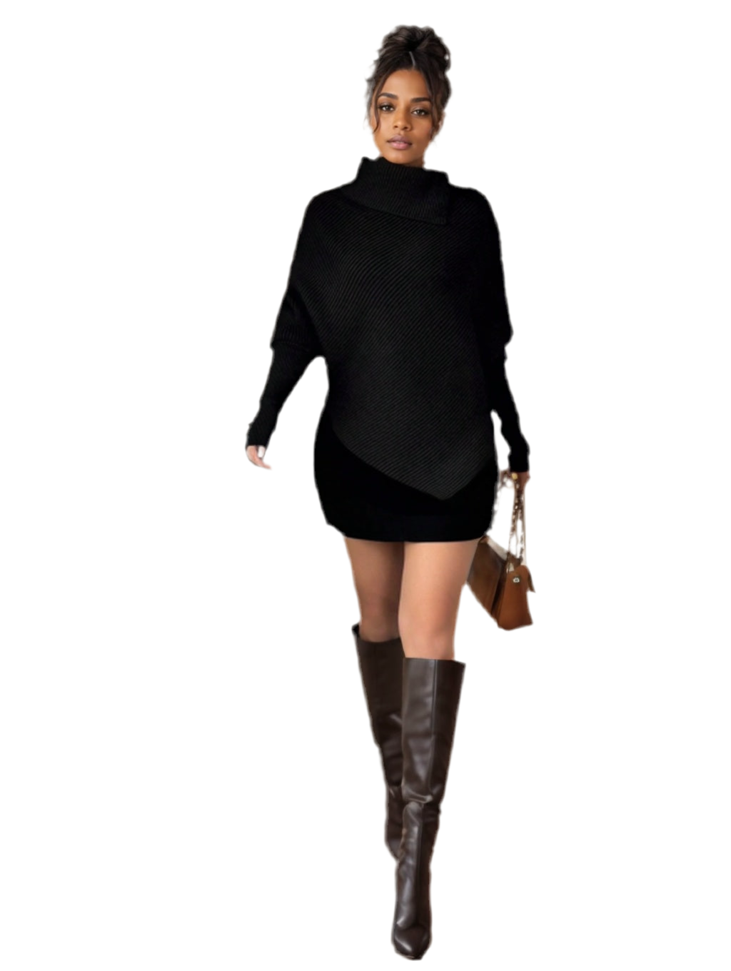 Women’s Black Asymmetrical Turtleneck Sweater – Elegant Knit Pullover