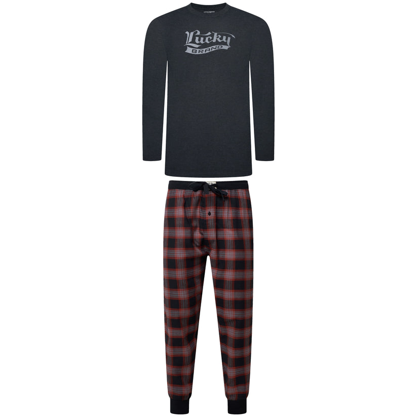 Lucky Brand Mens Pyjama Set Crew Neck Flannel Pants Cotton Lounge Sleepwear - QHA UK