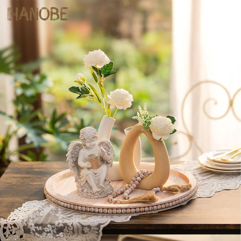 Round Decorative Wooden Tray 18 Inch Beaded Table Centerpiece HANOBE