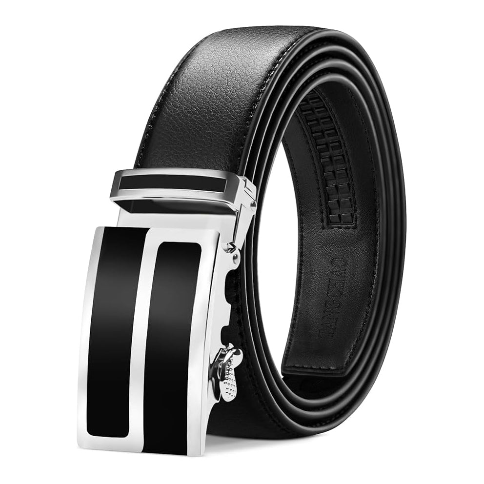 QHA Mens 35mm Ratchet Leather Belt, Silver Stripe Automatic Buckle Q5089