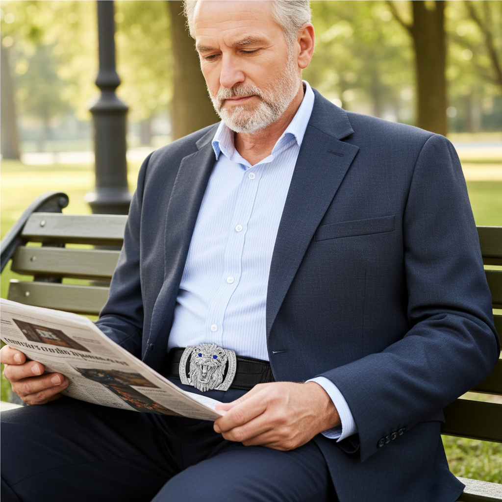 QHA Mens Designer Leather Belt Lion Diamond Buckle 38mm Wide Fashion Belt Q74