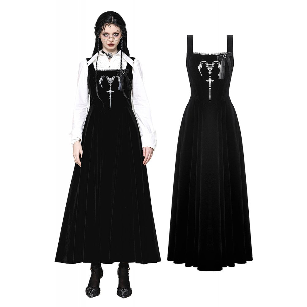 Dark in Love Lux Black Velvet Horn Embroidery Maxi Dress