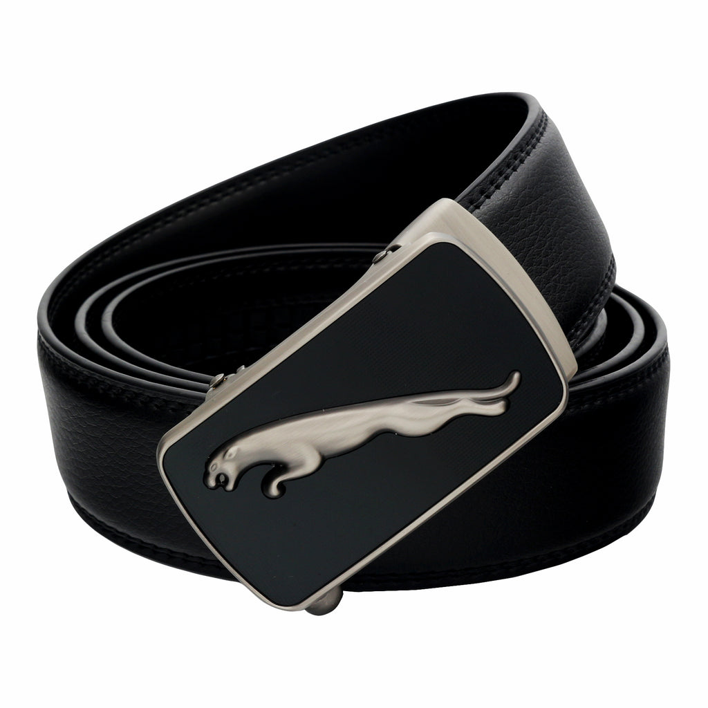 QHA Mens 35mm Ratchet Leather Belt, Matte Silver Jaguar Automatic Buckle Q65