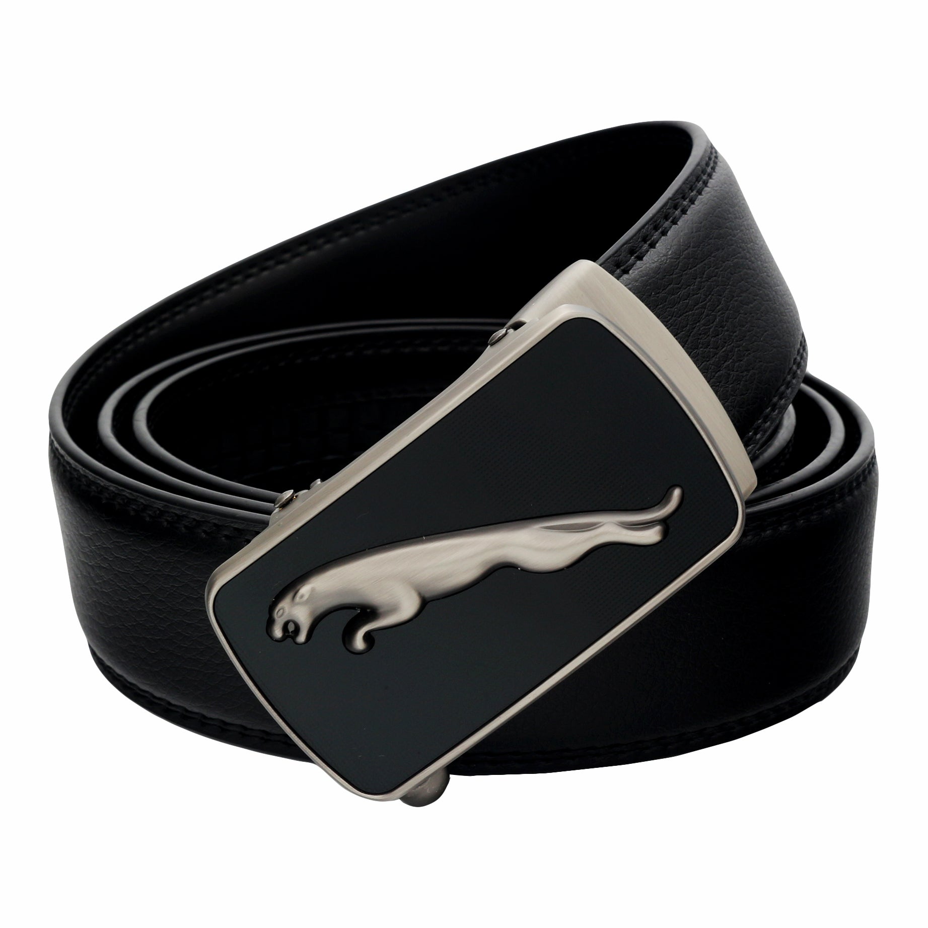 QHA Mens 35mm Ratchet Leather Belt, Matte Silver Jaguar Automatic Buckle Q65