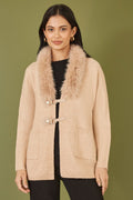 Yumi Oatmeal Cardigan With Detachable Fur Collar Trim - QHA UK