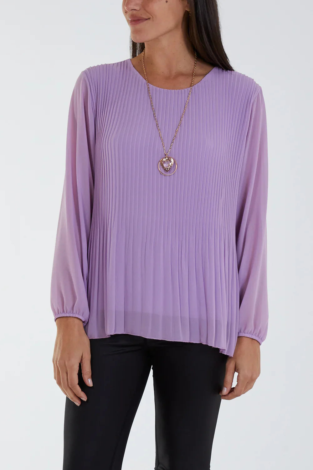 Pleated Longsleeve Top with Necklace – One Size Fits 8–16 (Available in Multiple Colours)