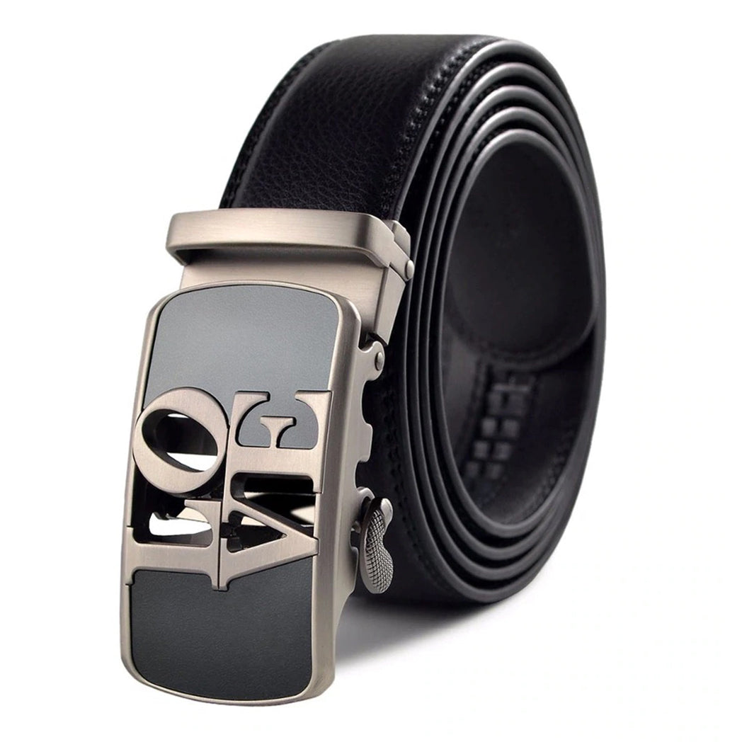 QHA Womens 35mm Ratchet Split Leather Belt, "LOVE" Buckle Q61